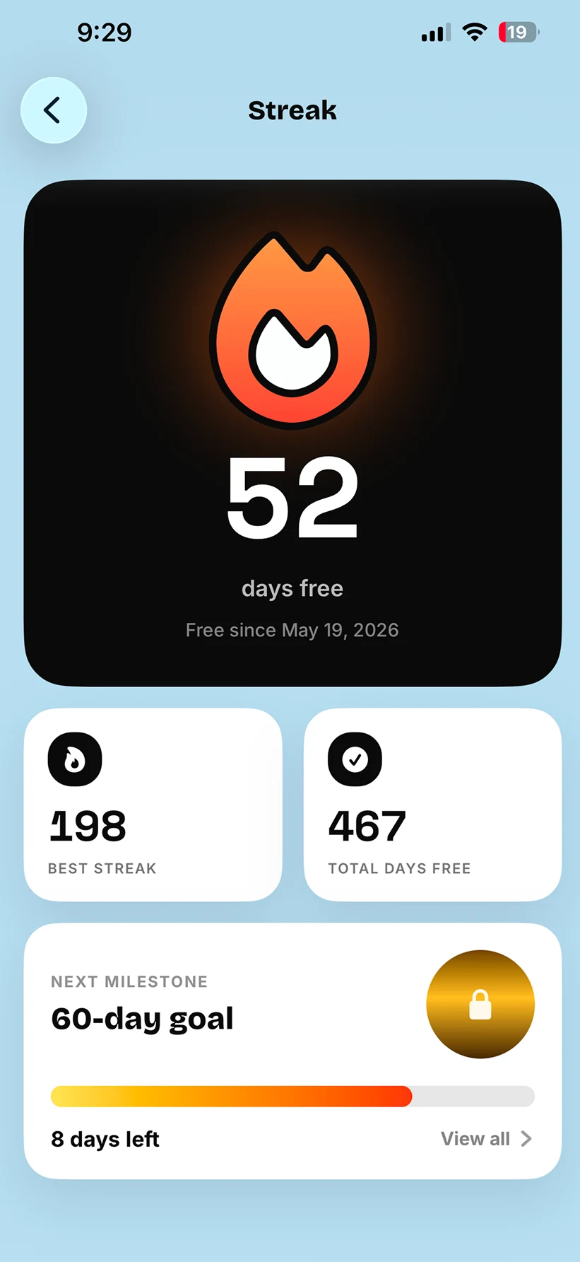 The Monke Reset streak screen: 52 days free since May 19, 2026, with a best streak of 198 days and 467 total days free in separate cards underneath.