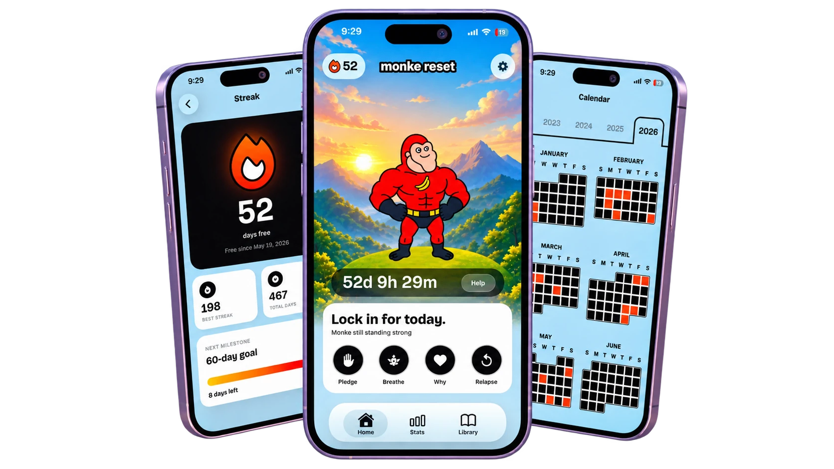 Monke Reset on iPhone: the streak screen showing 52 days free, the home screen with the day counter and urge tools, and the full-year calendar.